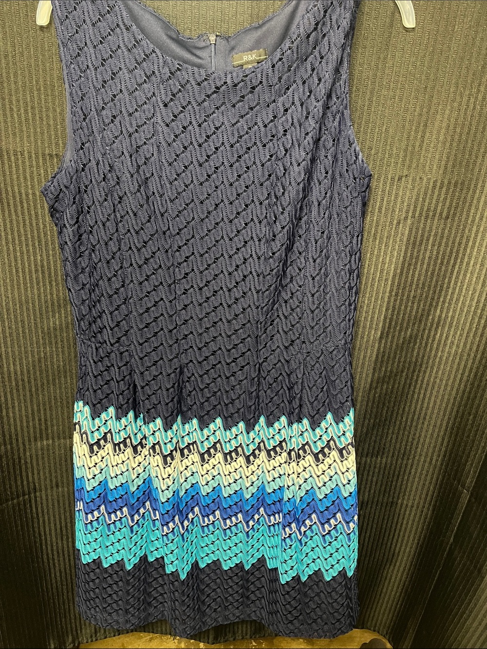 R & K Navy Sleeveless Dress with Aqua Chevron Hem